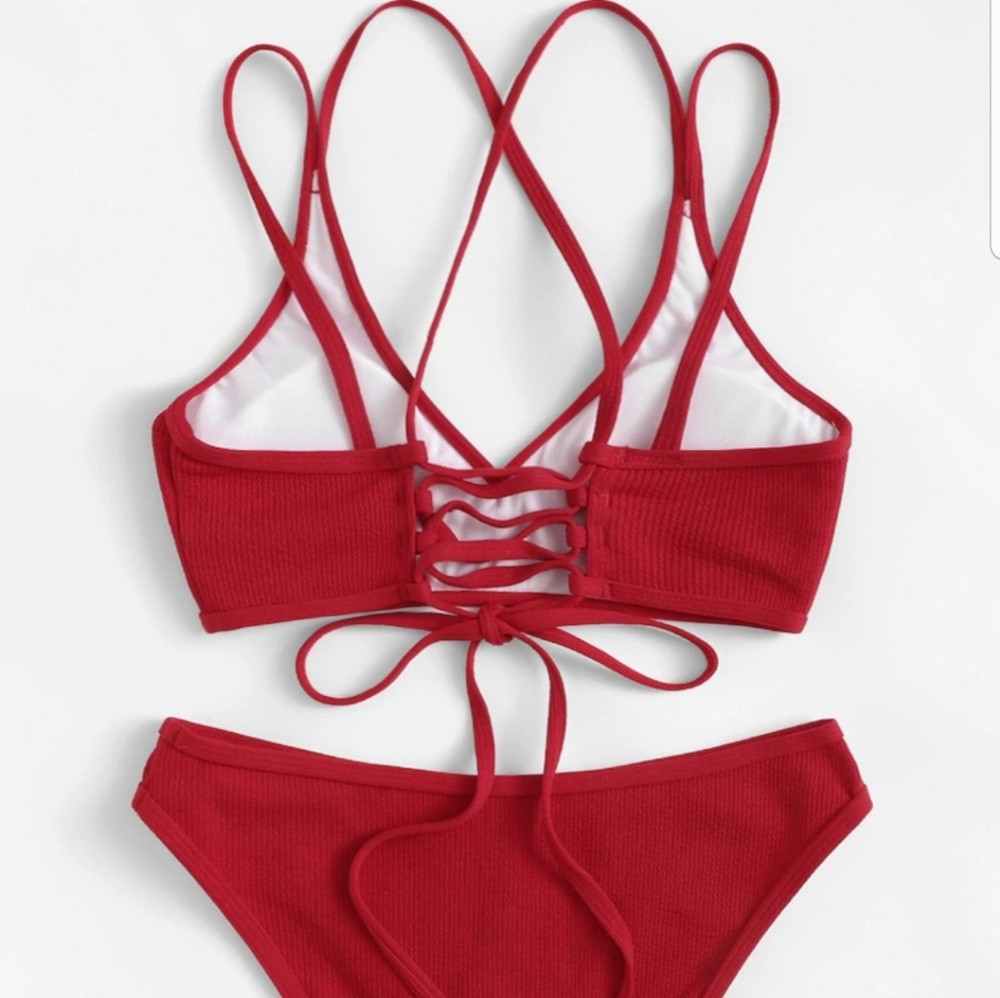 Lace-Up Back Top with Ribbed Bikini Set